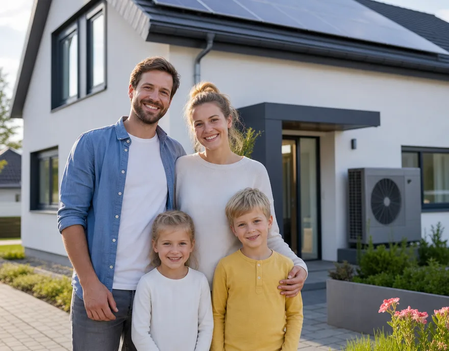 Effizienzhaus-Neubau: Familie nutzt Solarstrom und Wärmepumpe Junge Familie mit zwei Kindern vor ihrem neuen Effizienz-Fertighaus mit Photovoltaik auf dem Dach und Wärmepumpe am Eingang