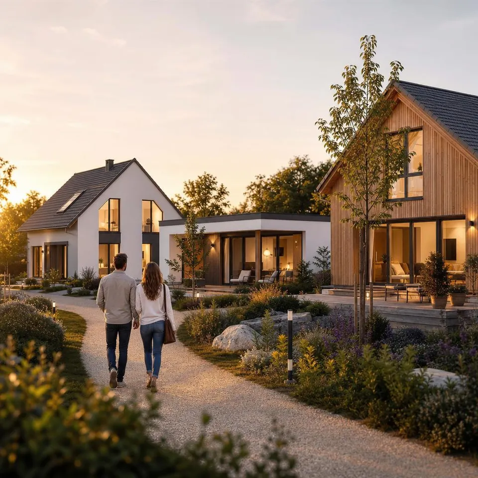 Fertighaus-Hersteller vergleichen: Musterhäuser verschiedener Anbieter Musterhaus-Ausstellung mit modernen Fertighäusern verschiedener Hersteller – Einfamilienhaus, Bungalow und Holzhaus im Abendlicht