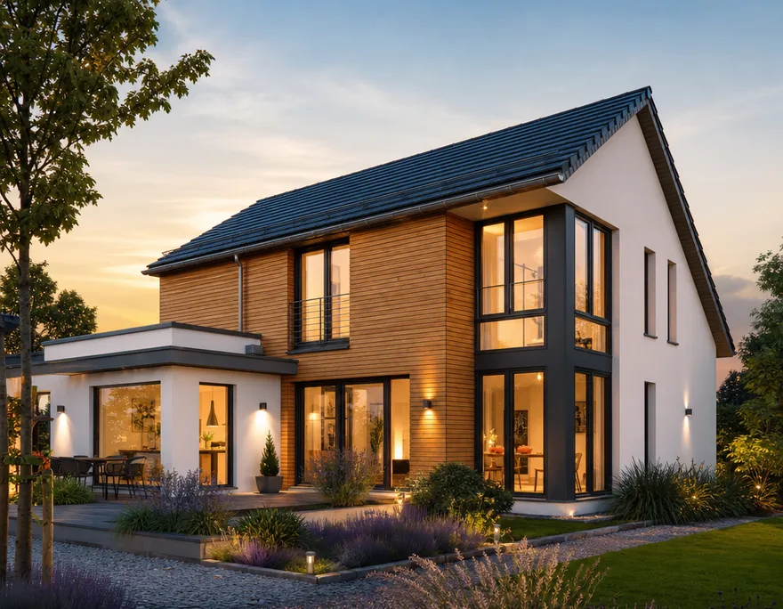 Fertighaus am Abend: Holz-Putz-Fassade mit großen Glasflächen Modernes Fertighaus mit Holzfassade, weißem Putz und beleuchteten bodentiefen Fenstern zur goldenen Stunde – Traumhaus-Inspiration auf Fertighaus-Finder.de